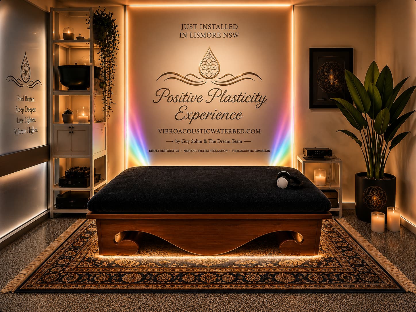 Frequency therapy for nervous system regulation near Byron Bay NSW using a vibroacoustic vibrating waterbed designed to support deep relaxation, sound healing, stress reduction and wellness across Mullumbimby, Brunswick Heads, Bangalow, Ocean Shores, Ballina, Gold Coast and Northern Rivers Australia.