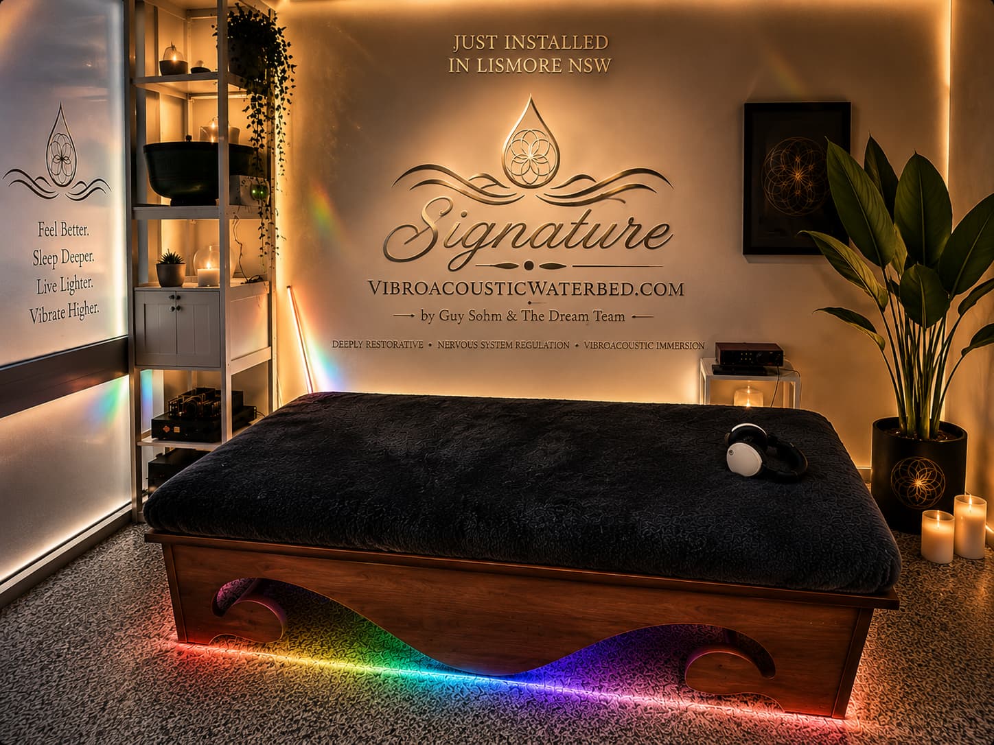Luxury vibroacoustic therapy water bed in Australia designed for deep relaxation, nervous system regulation and premium wellness experiences in Lismore NSW