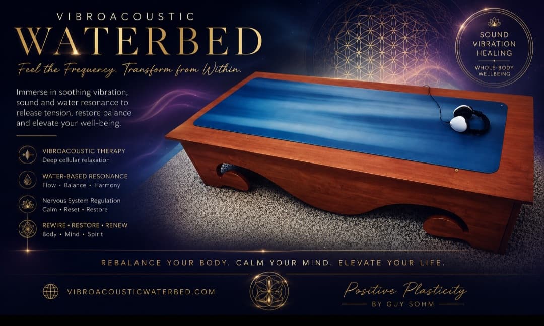 Luxury vibrating waterbed for sale in Australia featuring premium vibroacoustic therapy technology, handcrafted timber frame, immersive sound healing system, and multisensory wellness design by Guy Sohm.